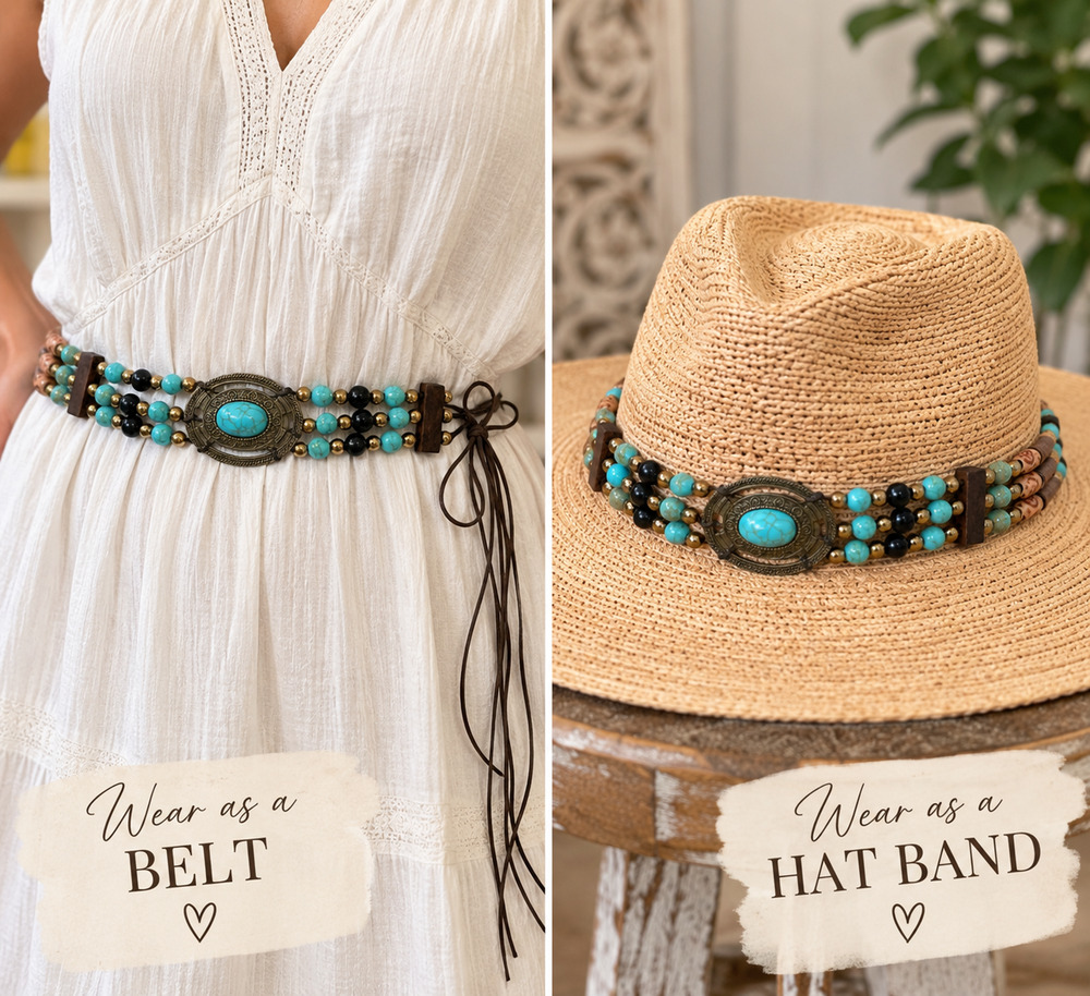 Boho Beaded Tie Belt Hat Band Turquoise Black Wood Artisan Southwestern Style